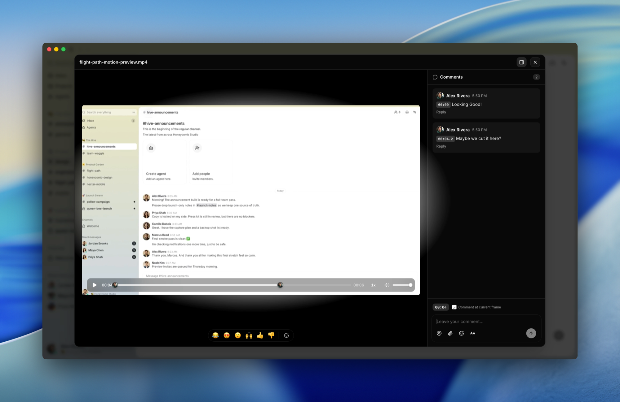 A video playing in Buzz with frame-anchored comments in a side panel